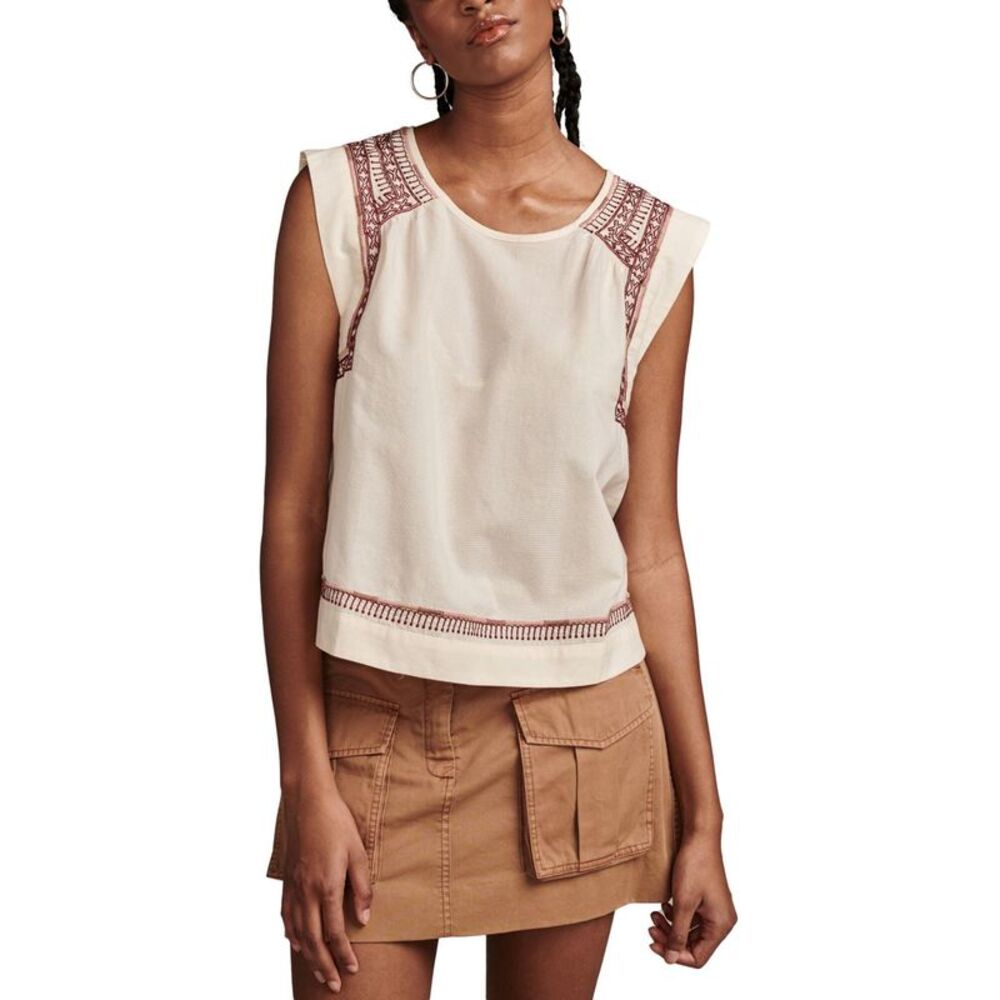 Lucky Brand Womens Embroidered Sleeveless Blouse Top, Off-White, L, DM